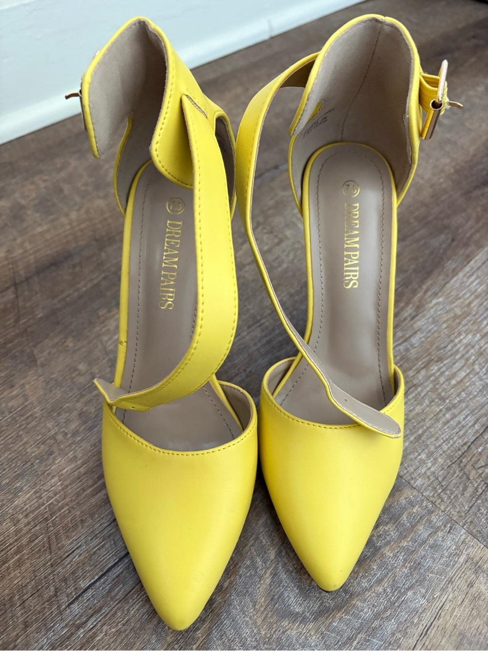 Dream Pairs Yellow Pointed-Toe Ankle Strap Heels with Buckle